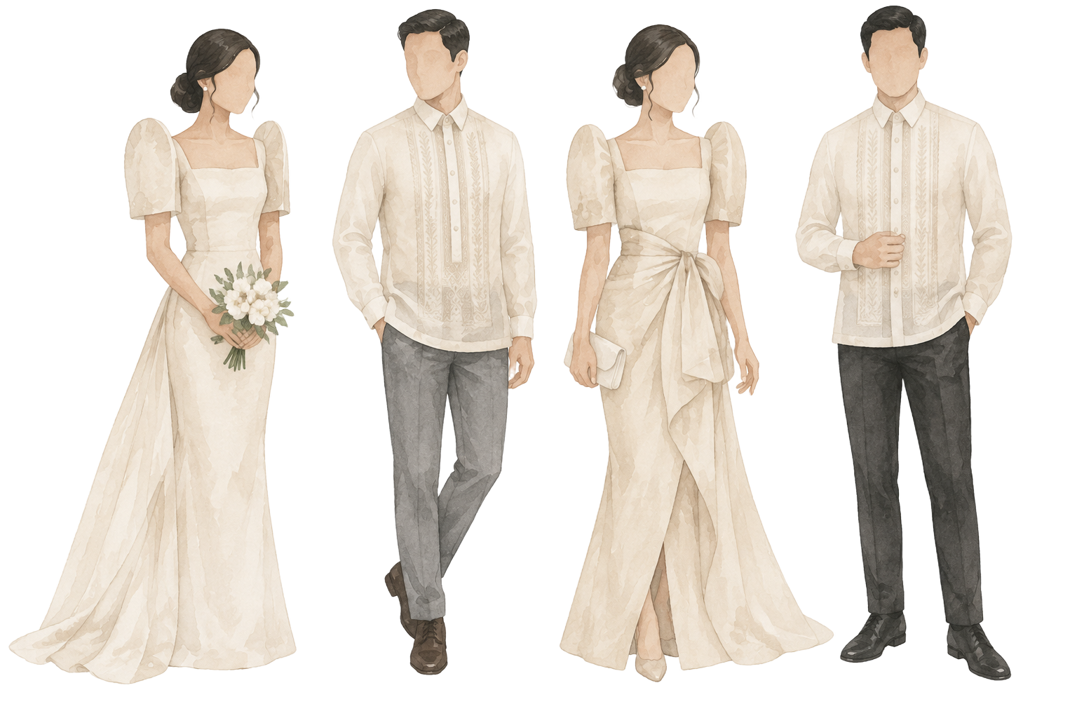 Watercolour illustration of guests in cream and beige Filipiniana attire and Barong Tagalog